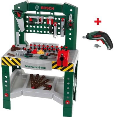 Klein Bosch werkbank speelgoed met Ixolino II en accessoires.