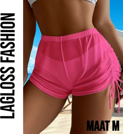 LaGloss® Dames Bikini Cover Up Broekje Roze Halfdoorzichtig Met Koordjes – Zomermode – Beach Fashion – Maat M