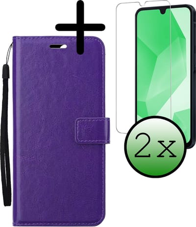 Hoesje Met 2x Screenprotector - Geschikt voor Samsung Galaxy A16 - Luxe Pasjeshouder - Bookcase Portemonee - Flip Case - Kunstleer Book Case - Flipcase Hoes - Book Cover - Walletcase - Portemonneehoes - Paars