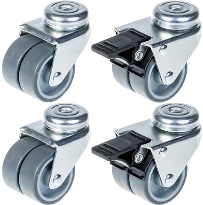 50 mm (2 inch) dubbelwielige zwenkwielen met grijs rubber, zwenkbaar en met rem, draagvermogen 280 kg, set van 4