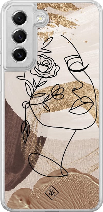 Casimoda® hoesje - Geschikt voor Samsung Galaxy S21 FE - Abstract Gezicht Bruin - 2-in-1 case - Schokbestendig - Geometrisch patroon - Verhoogde randen - Bruin/beige, Transparant