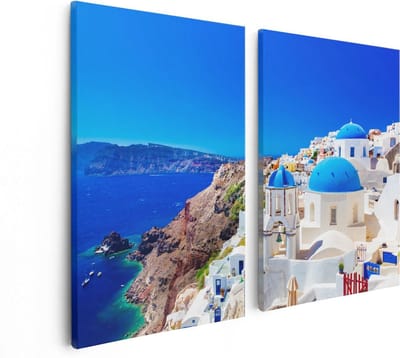 Artaza Canvas Schilderij Tweeluik Blauwe Huizen met Koepels in Griekenland - 80x60 - Foto Op Canvas - Canvas Print