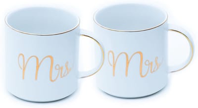 Intirilife koffiemok in wit met gouden rand en inscriptie Mrs and Mrs op elke mok - 300 ml inhoud - theekop cadeau mok met handvat bruiloft