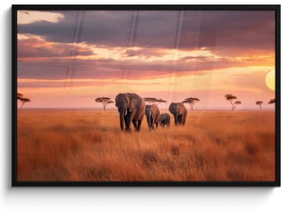 Poster in lijst - Fotolijst 120x80 cm - Posters - Groep olifanten - Open vlakte - Zon - Posterlijst zwart - Decoratie - Wanddecoratie woonkamer - Muurdecoratie slaapkamer