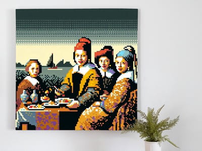 Pixel art vermeer schilderij | Vermeer's meesterwerk tot leven gebracht in betoverende pixelkunst | Kunst - 80x80 centimeter op Forex | Foto op Forex
