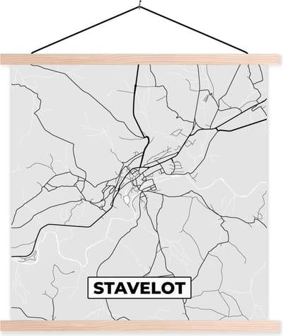 Posterhanger incl. Poster 40x40 cm - Schoolplaat - Stadskaart – Zwart Wit - Kaart – Stavelot – België – Plattegrond - Textielposter - Blanke latten - Stadskaart