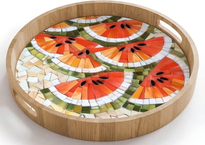 Dienblad rond 40x40 cm - Schootdienblad hout - Mozaïek - Watermeloen - Rood - Pitten - Borrelplank rechthoek - Plateau houten dienbladen