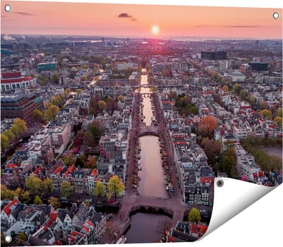 Gards Tuinposter Bovenaanzicht Amsterdam met Zonsondergang - 80x60 cm - Tuindoek - Tuindecoratie - Wanddecoratie buiten - Tuinschilderij