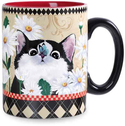 Dailygoods- Koffiemok 18oz - Keramisch - Handvat - Grappig Ontwerp - Ondeugende Kat/Witte Madeliefjes - Milieuvriendelijk - Theekop