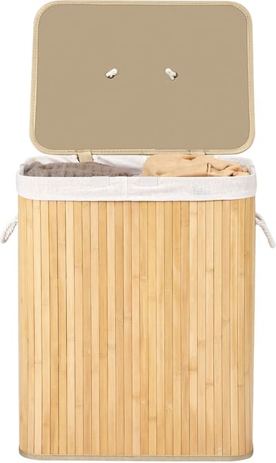 SONGMICS - Wasmand - Wasmand met Deksel - 2 Vakken - Uitneembare en Wasbare Waszak - Bamboe