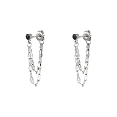Yehwang - Oorknopje Zwarte Steen Met Dubbele Ketting - Zilverkleurig - Stainless Steel - 0.3 cm x 4 cm