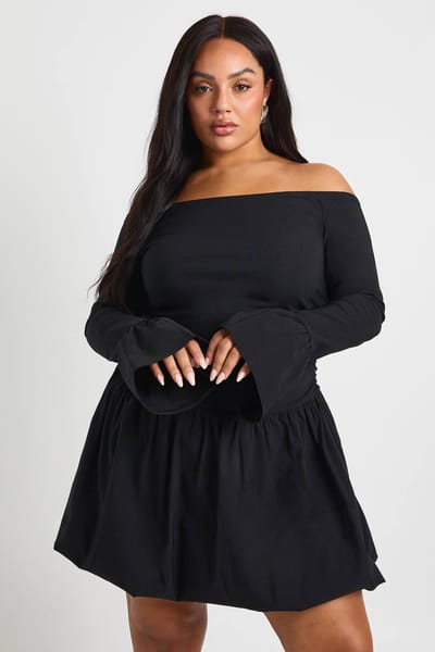 boohoo Dames Plus Pofbal Uitlopende Mouw Bardot Mini Jurk | Zwart | Maat: 44