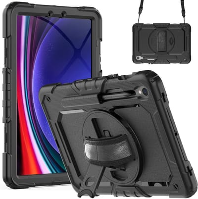 Xccess Tablethoes geschikt voor Samsung Galaxy Tab S10 FE Plus Hoes Hard Kunststof,Siliconen | Xccess Survivor All-round Backcover + Schouderband | Schokbestendig Galaxy Tab S10 FE Plus Telefoonhoesje | Anti Shock Proof + Standaard - Zwart
