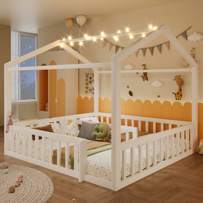 MODFU Kinderbed bedframe 90x190 cm van grenenhout en MDF – huisvorm met uitvalbeveiliging – wit – modulair design
