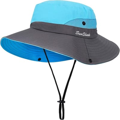 QTTVBTNA – 1 stuk Zonnehoed dames - Bucket hat- Strandhoeden - Paardenstaart zomer zon UV- Met paardenstaart-opening - bescherming hoed opvouwbare - zonnehoed met brede rand voor strand,safari,vissen - Blauw