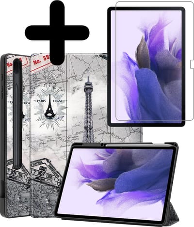 Hoes - Geschikt voor Samsung Galaxy Tab S7 FE - Met Screenprotector - Trifold Bookcase - Hard Cover Case - Met Uitsparing Geschikt voor S Pen - Hardcover Book - Tablet Hoesje - Eiffeltoren