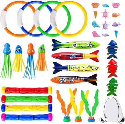 Duikspeelgoed Set - Zomer Zwembad Spel - Waterpret Kinderen - 35 Delig Inclusief Stokken - 25x25x5cm - Gemengde Kleuren