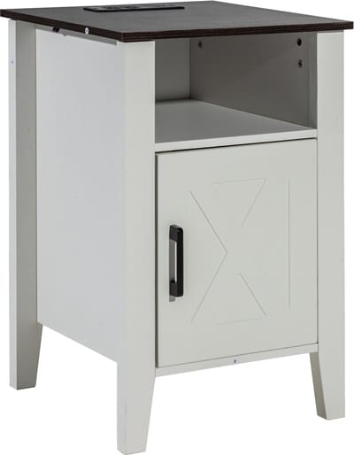Farmhouse Bijzettafel, 2-delige Set, Vierkante Nachtkastje met USB Aansluitingen en Stopcontacten, 3 Niveaus met Opbergkast en LED Verlichting, voor Woonkamer, Slaapkamer, Kantoor, Wit