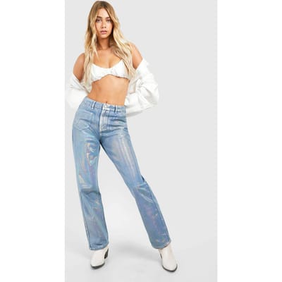 boohoo Dames Iridecente metallic gecoate jeans met rechte pijpen | Blauw | Maat: 34
