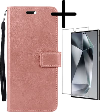 Hoesje Met Screenprotector - Geschikt voor Samsung Galaxy S24 Ultra - Luxe Pasjeshouder - Bookcase Portemonee - Flip Case - Kunstleer Book Case - Flipcase - Book Cover - Walletcase - Portemonneehoes - Rosé goud