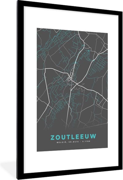 Fotolijst incl. Poster - België – Zoutleeuw – Stadskaart – Kaart – Blauw – Plattegrond - 80x120 cm - Posterlijst