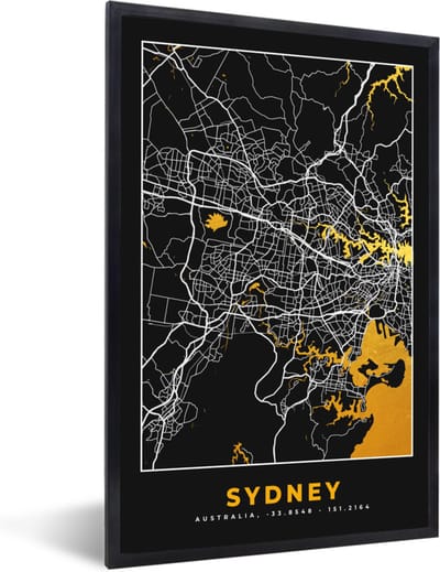 Fotolijst incl. Poster - Sydney - Stadskaart - Plattegrond - Goud - Kaart - 40x60 cm - Posterlijst