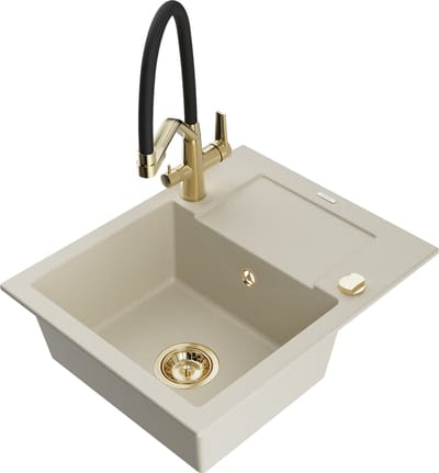 Mexen Enzo granieten spoelbak met een enkele kom met afdruiprek en Duo keukenmengkraan, beige - 6506-69-671701-57-G