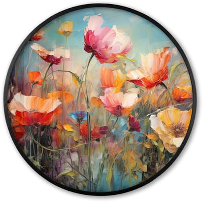 Poster in lijst Rond - Fotolijst 60x60 cm - Posters - Bloemen - Watercolor - Kunst - Botanisch - Natuur - Ronde posterlijst zwart - Decoratie - Wanddecoratie woonkamer - Muurdecoratie slaapkamer