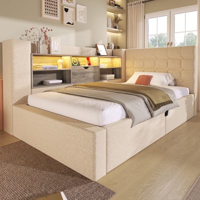 Slaapbank 90x190 cm met LED-verlichting en opbergruimte - L-vormig hoofdeinde - omkeerbaar - beige - zonder matras