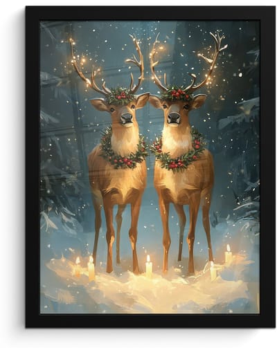 Poster in lijst - Fotolijst 30x40 cm - Posters - Dennensprookje - Rendier - Nacht - Posterlijst zwart - Decoratie - Wanddecoratie woonkamer - Muurdecoratie slaapkamer