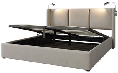 Tweepersoonsbed 160x200cm met opbergruimte en leeslamp met USB-oplaadfunctie - Beige linnen.