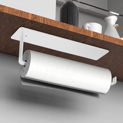 Famanu - Keukenrolhouder, keukenrolhouder, zelfklevend, keukenrolhouder voor aan de muur, zelfklevende deur van roestvrij staal, zonder boren, badkamerpapierhouder, 26 cm, wit