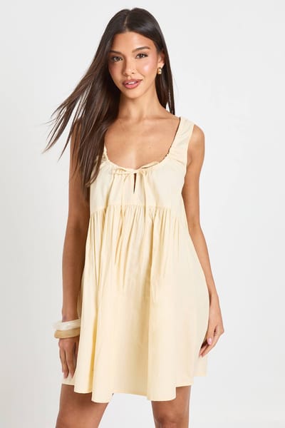 boohoo Dames Mini Smock Jurk Met Strikdetail Vooraan | Citroen | Maat: 36