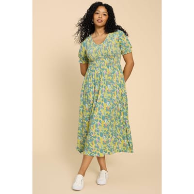White Stuff Emily Shirred Jersey Dress Teal Print Size: 12 REGULAR | Midi Dresses Outlet | Dames | Blauw