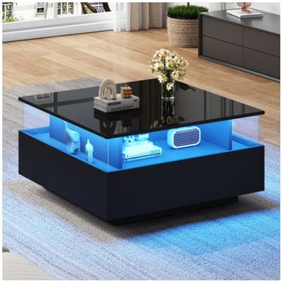 Moderne en glanzende LED salontafel, 70*70*41cm, met 2 lades en een transparant displayoppervlak - laadvermogen 30kg