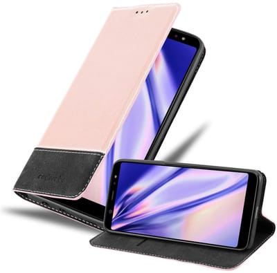Cadorabo Hoesje geschikt voor Samsung Galaxy A6 PLUS 2018 in ROSE GOUD ZWART - Beschermhoes met magnetische sluiting, standfunctie en kaartvakje Book Case Cover Etui