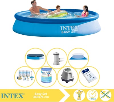Intex Rond Opblaasbaar Easy Set Zwembad - 366 x 76 cm - Blauw - Inclusief Pomp - Afdekzeil - Onderhoudspakket - Filter - Grondzeil - Zoutwatersysteem - Zwembadzout - 8-delig