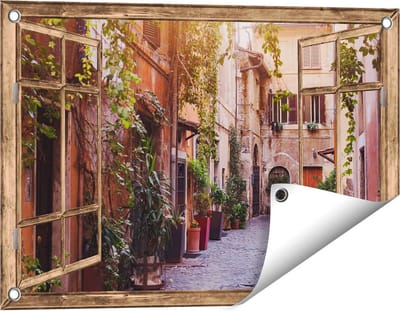 Gards Tuinposter Doorkijk Straatje in Rome met Groene Planten - 60x40 cm - Tuindoek - Tuindecoratie - Wanddecoratie buiten - Tuinschilderij