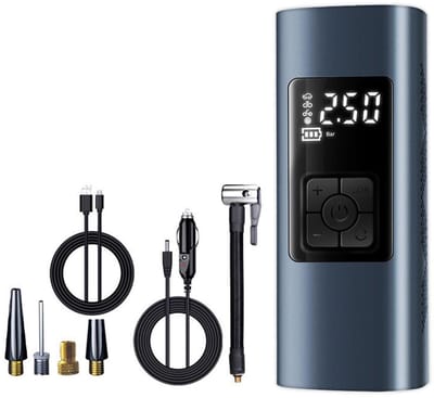 GELLDG Elektrische luchtpomp - Accu-aangedreven elektrische luchtpomp - Draagbare mini-compressor van 65 PSI met manometer - Elektrische fietsluchtpomp met digitaal LCD-display - Geschikt voor auto's, fietsen, motoren en ballen - Zwart