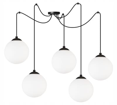 Light Home Florence 2250/15/5P – Hanglamp Spider – 5 Lampenkappen Ø15 cm – Zwart Frame – Glas Wit – LED E27 – Modern Design