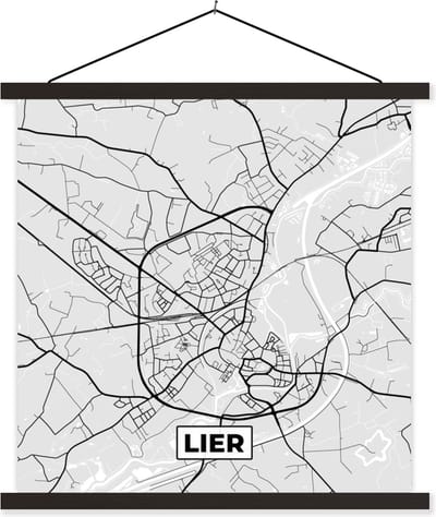 Posterhanger incl. Poster 60x60 cm - Schoolplaat - België – Lier – Stadskaart – Kaart – Zwart Wit – Plattegrond - Textielposter - Zwarte latten - Stadskaart