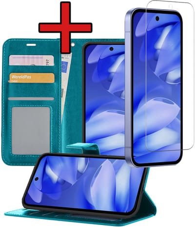 Hoesje - Met Screenprotector - Geschikt voor Google Pixel 9a - Luxe Pasjeshouder - Flipcase - Bookcase Portemonee - Flip Case - Kunstleer Book Case - Book Cover - Walletcase - Portemonneehoes - Telefoonhoes - Turquoise