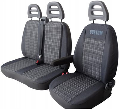 PREMIUM Autostoelhoes Set - Op maat gemaakt voor Ford Transit Custom 2012-2023 - 3-persoons (2+1) - Met Toegang tot Tafel - Hoogwaardige Bekledingsstof - Zwart/Grijs