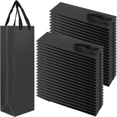 50 Stuks Zwarte Wijn Cadeautassen, 35 x 11 x 9 cm Papieren Tassen voor Feest, Verjaardag en Geschenkverpakking