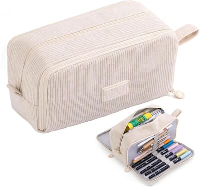 Pennenetui met vakken - Opbergdoos potloden - Bureau organiseren - Grote capaciteit - 22.5 x 8 x 12 cm - Beige