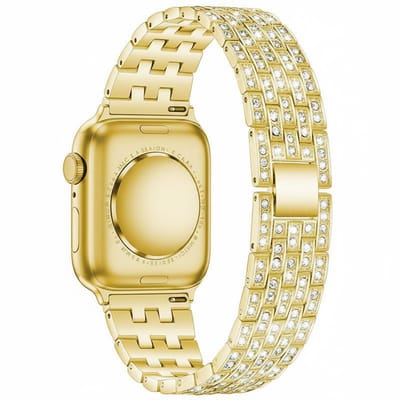 RVS bandje met glittersteentjes - geschikt voor Apple Watch 1/2/3/4/5/6/7/8/9/10/11/ SE (1,2,3) met maat 38 mm / 40 mm / 41 mm en 42 mm (Watch 10/11) - stalen band met kliksluiting - goud