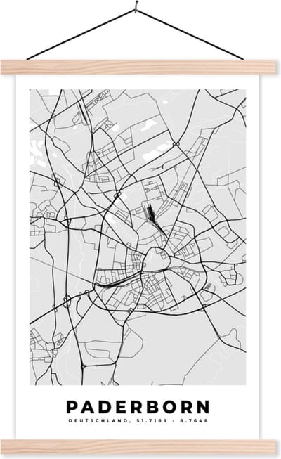 Posterhanger incl. Poster 40x60 cm - Schoolplaat - Kaart - Paderborn - Duitsland - Stadskaart - Plattegrond - Textielposter - Blanke latten - Stadskaart