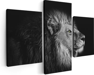 Artaza Canvas Schilderij Drieluik Leeuw - Leeuwenkop - Zwart Wit - 90x60 - Foto Op Canvas - Canvas Print