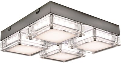 Plafondlamp Woonkamerlamp, 4-lichts, modern, metaal glas, chroom, 4x LED 3,2 watt 360 lumen 3500 Kelvin warm wit, LxBxH 28x28x6,5 cm