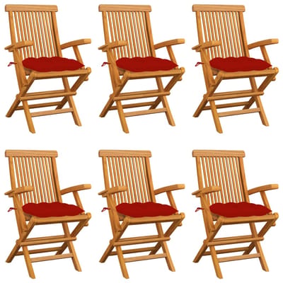 vidaXL - Klapstoelen - met - rode - kussens, - 6 - stuks, - massief - teakhout